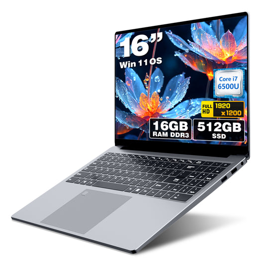 LAITNIN 16" FHD IPS Laptop, Intel Core i7, 16GB DDR3 RAM 512GB SSD, Windows 11, Backlit Keyboard, Fingerprint Reader, WiFi 5 BT 5.0, USB-C HDMI USB 3.0, Silver